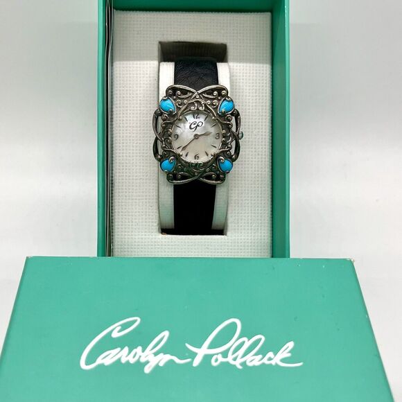 Carolyn Pollack Sterling Silver 925 Turquoise Watch Black Leather Southwestern - Picture 1 of 6